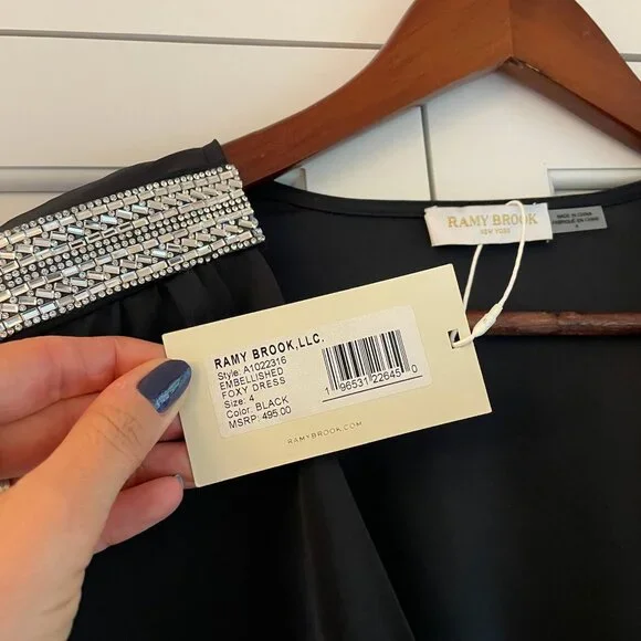 Ramy Brook Foxy Embellished Black Ruched Mini Dress Size NWT 4 - Picture 3 of 4